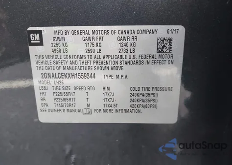 2017 Chevrolet Equinox Lt z USA, uszkodzony, nr VIN 2GNALCEKXH1559344